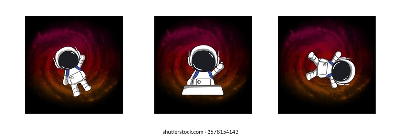 Space travel banners with astronaut characters. Outerspace adventure, cosmos travel or astronomy exploration cartoon vector banners.