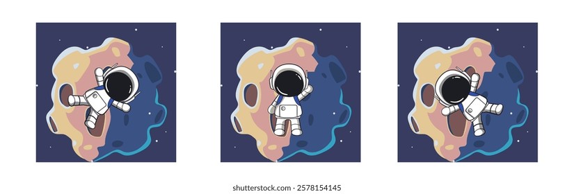 Space travel banners with astronaut characters. Outerspace adventure, cosmos travel or astronomy exploration cartoon vector banners.