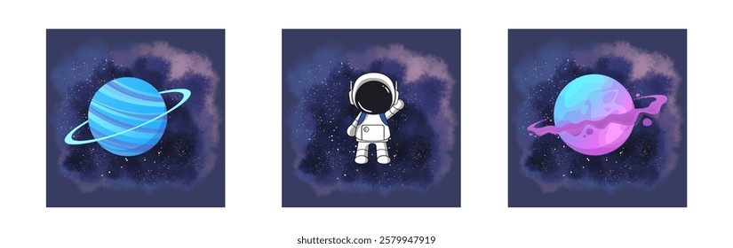 Space travel banners with astronaut characters. Outerspace adventure, cosmos travel or astronomy exploration cartoon vector banners.