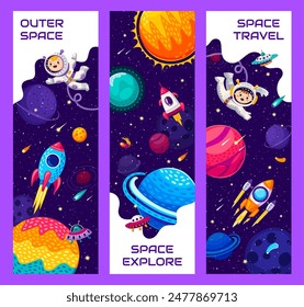 Space travel banners with kid astronaut characters. Outerspace adventure, cosmos travel or astronomy exploration cartoon vector banners with boy in spacesuit flying in outer space among planets