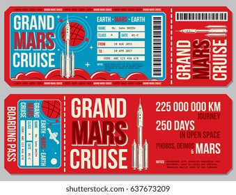 Space travel boarding pass vector template. Journey to Mars tickets