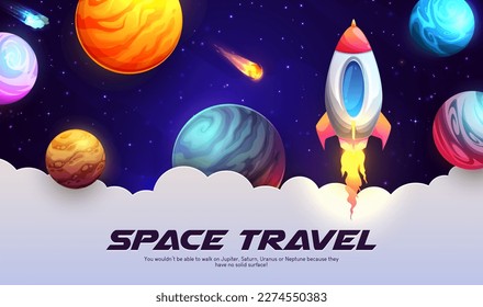 Raumfahrt Cartoon Galaxy Landschaft mit Raumschiff, Planeten und Kometen. Vektorbanner mit Raketenfahrt in Universum. Shuttle mit Feuerrahmen fliegen in fremder Welt. Futuristische kosmische Erforschung