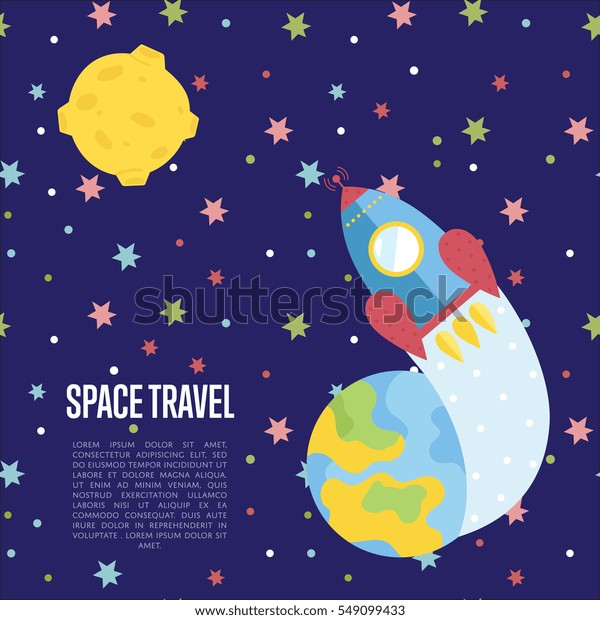 Space travel cartoon web template. Spaceship flying\
from Earth to distant planet in outer space vector illustration on\
blue background. For modern innovative space transportations\
company landing page