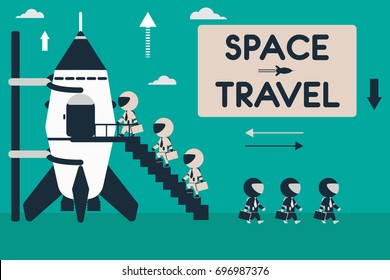 Space travel concept. Flat design illustration with rocket and stick figures as space business tourists.