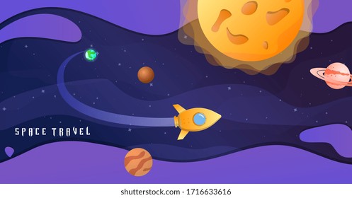 Space travel concept with rocket and planets circling the sun in a panorama banner, colored vector illustration