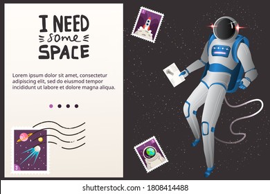 Ilustración vectorial del concepto de viajes espaciales. Caricatura de un personaje de explorador astronauta plano viajando al espacio ultraterrestre con misión científica, un hombre espacial con casco espacial volando y explorando el universo de las galaxias