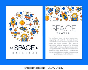 Space Travel Design mit Rakete und Planet als Vorlage für kosmische Erforschung von Vektorgrafiken