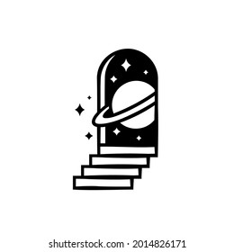 Space Travel Door Icon. Planet And Stars Doorway Symbol. Staircase To The Galaxy Portal Tattoo. Vector Illustration.