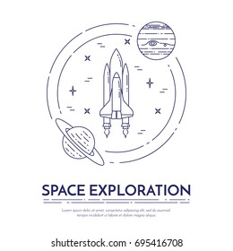 Space travel and exploration banner with thin line cosmos related elements. Vector illustration.