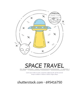 Space travel and exploration banner with thin line cosmos related elements. Vector illustration.