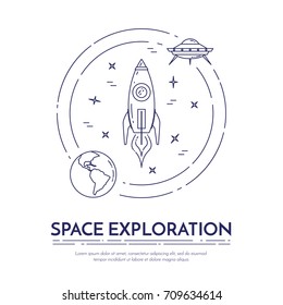 Space travel and exploration banner with thin line cosmos related elements. Vector illustration.