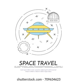 Space travel and exploration banner with thin line cosmos related elements. Vector illustration.