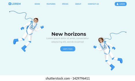 Space travel flat landing page template. Cosmonauts in spacesuits floating in zero gravity and waving hands cartoon vector characters. Space mission, universe exploration web banner, website design