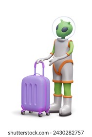 Space travel, galactic tour. Super discounts on vacation. Alien is standing next to suitcase