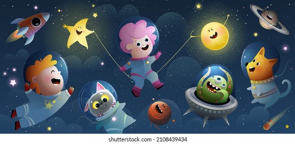 Space travel with kids, dog and cat, UFO alien. Baby cosmonaut cartoon, sun and stars outer space wallpaper for children, fantastic galaxy for kids. Vector cosmos wallpaper design, watercolor style. 