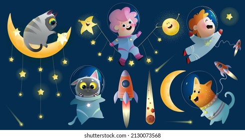 Space travel with kids, dog and cat, golden moon and a star. Boy and girl, animals cosmonaut characters cartoon clip art galaxy for children. Vector kids clipart space collection.