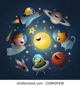 Space travel with kids, dog and UFO alien. Baby Cartoon illustration, sun and stars outer space wallpaper for children, fantastic galaxy kids design. Vector wallpaper design in watercolor style. 