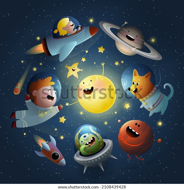 Space travel with children, dogs and UFO aliens. Baby cartoon illustration, sun and stars outer space wallpaper for children, fantastic design for galaxy kids. Watercolor wallpaper design.