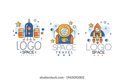 Logotipo de viaje espacial Conjunto de diseño original, Cosmos, naves espaciales, etiquetas astronautas, ilustración vectorial de insignias
