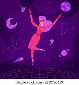 Space travel in metaverse concept. Young woman in VR glasses and VR suit flying between planets in cyberspace. Innovation network experience, AR gaming. Futuristic lifestyle. Vector illustration