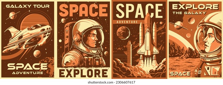 Space travel monochrome set posters astronauts in helmets for air supply and intergalactic ships for flights around universe vector illustration