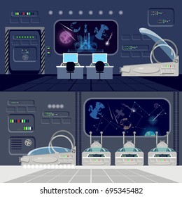 Banner de viajes espaciales a otros planetas. Cámaras criogénicas, interior de espacio profundo de nave interestelar. Tecnologías del futuro, colonización del Universo