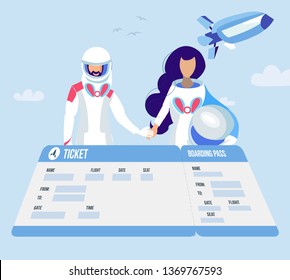 Space Travel, Passengers Flat Vector Illustration. Cartoon Male, Female Astronauts In Spacesuits Holding Hands. Sci-Fi Interplanetary Tourism Ticket, Boarding Pass. Flying in Shuttle, Spaceship