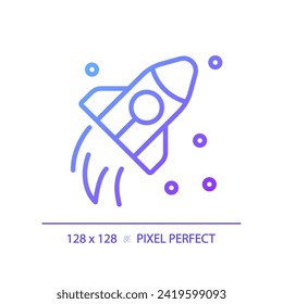 Space travel pixel perfect gradient linear vector icon. Cosmic journey. Rocket flying. Aerospace technology. Thin line color symbol. Modern style pictogram. Vector isolated outline drawing