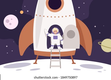 Viajes espaciales, planetas, estrellas. Astronauta en una nave espacial. Estilo de caricatura. Cohetes. Galaxia, universo. Plantilla para presentación, página web, banner, página de inicio. Cohetes voladores.  Ilustración del vector