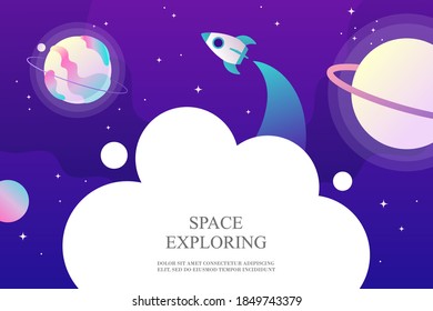 Space travel, planets, stars. Cartoon style. Spaceship. Galaxy, universe. Template for presentation, web page, banner, landing page. Flying rocket. Modern colorful vector illustration.