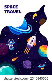 Afiche de viajes espaciales. Caricatura de un barco espacial con cohetes volador y alienígena en la galaxia estrellada. Fondo vectorial con viajes en nave espacial o nave espacial en Universe explorar cosmos con marco de humo blanco