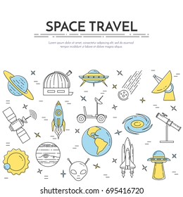 Space travel and research banner with thin line cosmos related elements collected in form of horizontal rectangle. Vector illustration of outline pictograms.