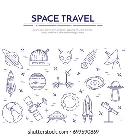 Space travel and research banner with thin line cosmos related elements collected in form of horizontal rectangle. Vector illustration of outline pictograms.