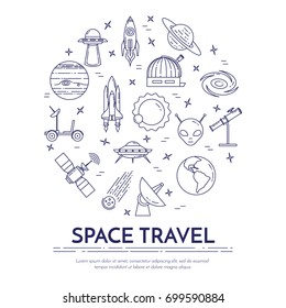 Space travel and research banner with thin line cosmos related elements collected in form of round. Vector illustration of outline pictograms.