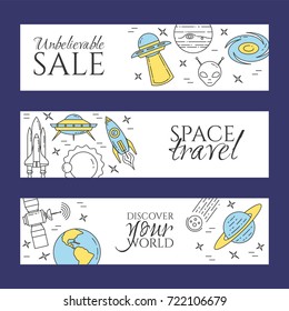 Space travel and research banners set with thin line cosmos related elements. Vector illustration.