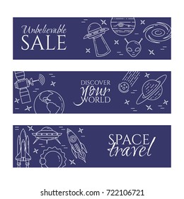 Space travel and research horizontal banners set with thin line cosmos related elements. Vector illustration.