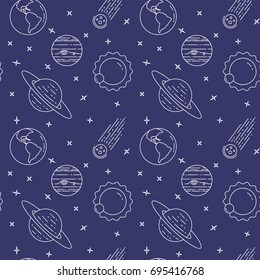 Space travel and research seamless pattern with thin line white icons on deep blue starry sky background. Vector illustration with outline cosmos related elements.