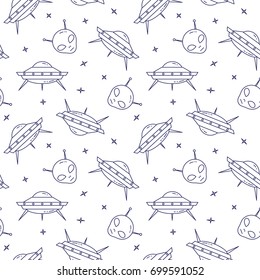 Space travel and research seamless pattern with thin line icons on white starry background. Vector illustration with outline cosmos and ufo related elements.