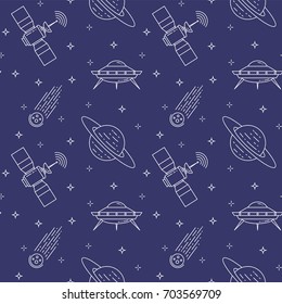 Space travel and research seamless pattern with thin line white icons on deep blue starry sky background. Vector illustration with outline cosmos related elements.