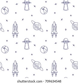 Space travel and research seamless pattern with thin line icons on white starry background. Vector illustration with outline cosmos related elements.