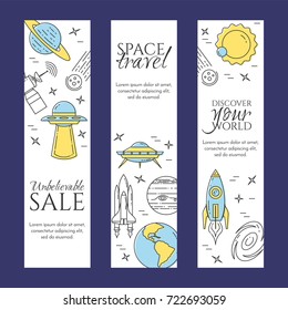 Space travel and research vertical banners set with thin line cosmos related elements. Vector illustration.