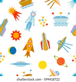 Space travel. Seamless vector pattern with sun, moon, planets, astronaut, lunar rover, ships, comet. Children textile collection. Colorful on white.