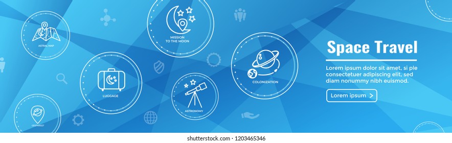 Space Travel / Tourism Web Header Banner with spaceship, telescope, and planets