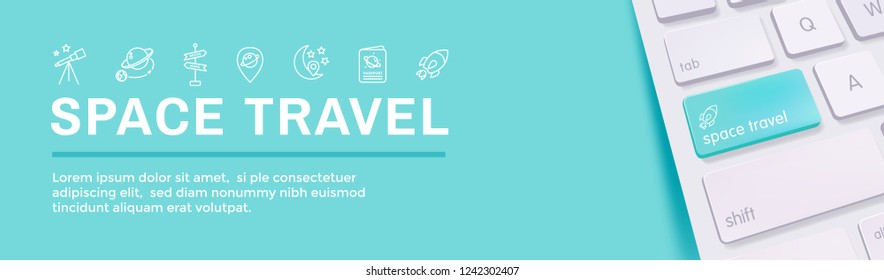 Space Travel / Tourism Web Header Banner with spaceship, telescope, and planets