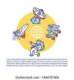 Space travel and transportation article page vector template. Brochure, magazine, booklet design element with linear icons and text boxes. Print design. Concept illustrations with text space