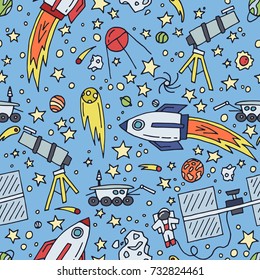 Space travel vector illustration seamless pattern. Cosmos discovery and exploration poster. Doodle style, cartoon design. Cute background for banner, book cover. Galaxy adventure or journey