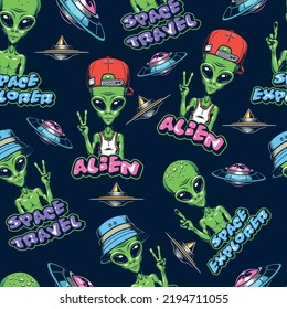 Space travel vintage pattern seamless colorful peace-loving humanoid aliens show gesture pacifism from guests from universe vector illustration