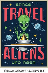 Space travel vintage poster colorful aliens from UFO area showing two fingers posing next to flying saucer vector illustration