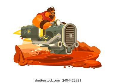 Space Traveler Exploration, vector illustration. Showcases a space traveler exploring a new planet on a flying machine.