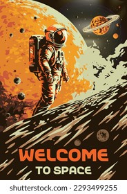 Space traveler vintage poster colorful with man in astronaut clothes standing on surface of planet near split sun vector illustration